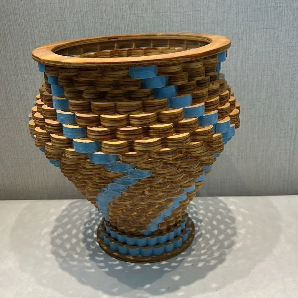 Vtg Handcrafted Wooden Decorative Tornado Bowl Vase Scroll Saw Scalloped Blue